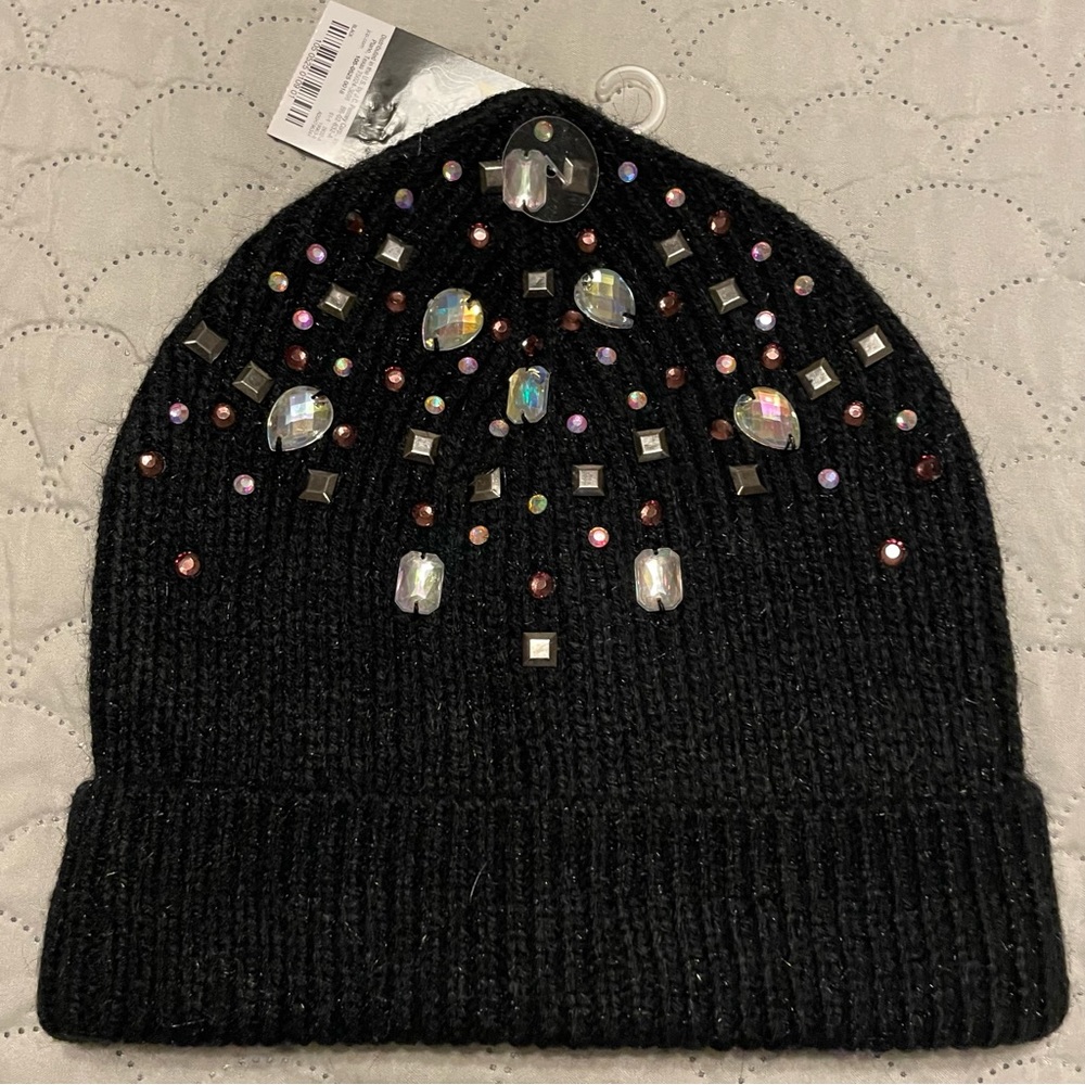 New Black Beanie with Multicolor Sequins, NWT!